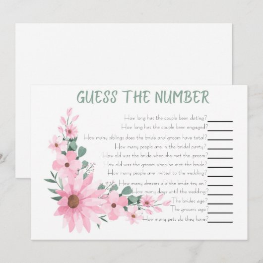 Guess The Number Bridal Shower Game Pink Flowers Notitiekaartje (Voorkant / Achterkant)