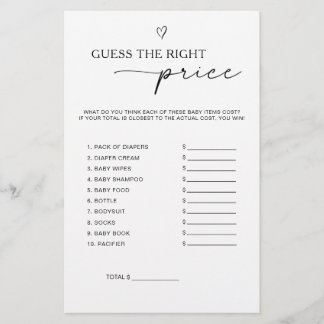 Guess The Price Baby Shower Game