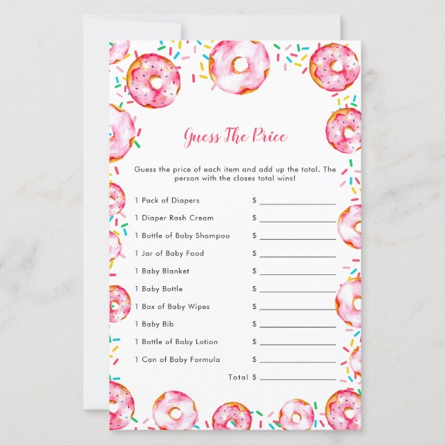 Guess The Price Donuts Diapers Baby Shower Game (Voorkant)