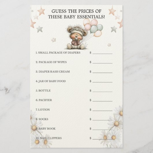 Guess the Price Whimsical Teddy Bear Baby Shower  Briefpapier (Voorkant)