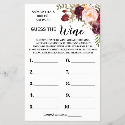 Guess the Wine Bridal Shower Marsala Game Card Flyer (Voorkant)