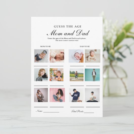 Guess their age Mom and dad baby shower game Card Aankondiging (Staand voorkant)
