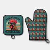 Guess What Chicken Butt Funny Retro Rooster Ovenwant & Pannenlap Set (Voorkant)