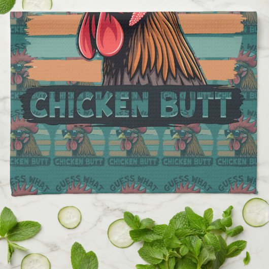 Guess What Chicken Butt Funny Retro Rooster Theedoek (Gevouwen)