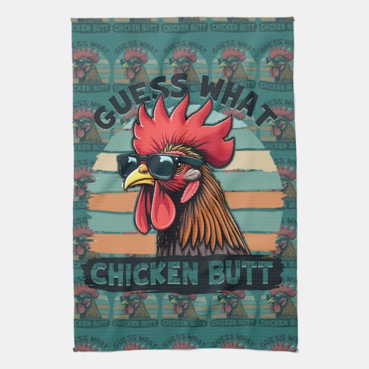 Guess What Chicken Butt Funny Retro Rooster Theedoek (Verticaal)