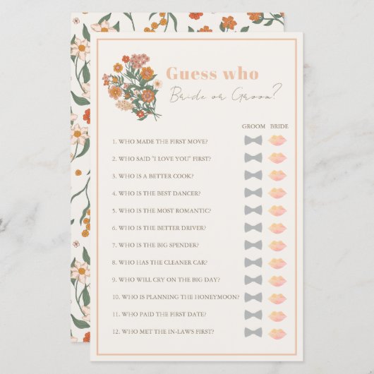 Guess Who Bride or Groom Floral Bridal Shower Game (Voorkant / Achterkant)