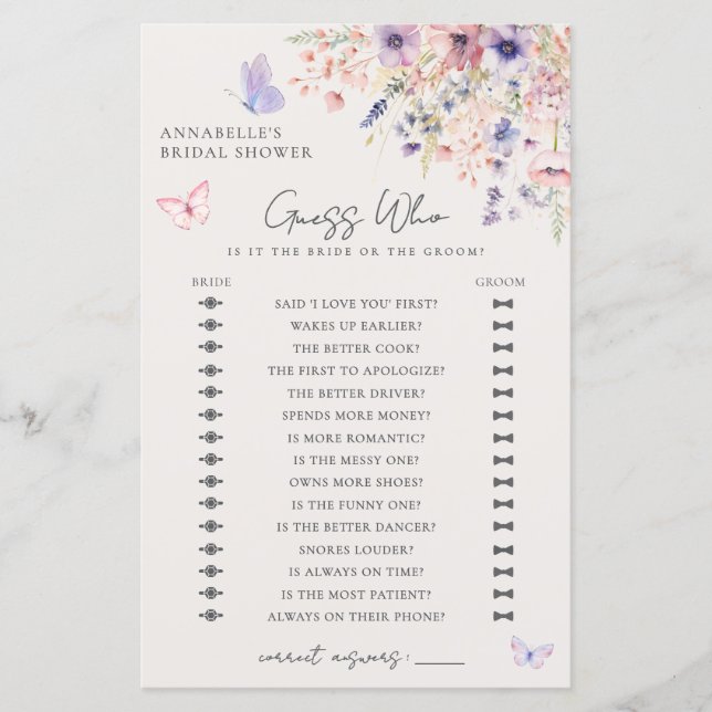 Guess Who Butterfly Wildflower Bridal Shower Game (Voorkant)