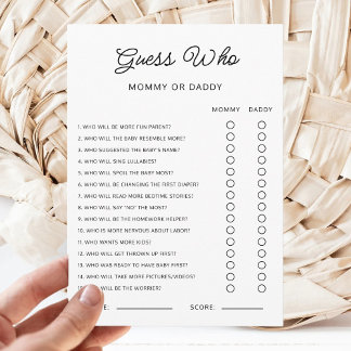 Guess Who Mommy or Daddy Baby Shower Game Activity Kaart