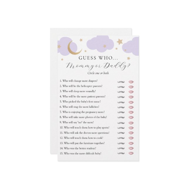 Guess Who Mommy or Daddy Baby Shower game card (Voorkant / Achterkant in situ)