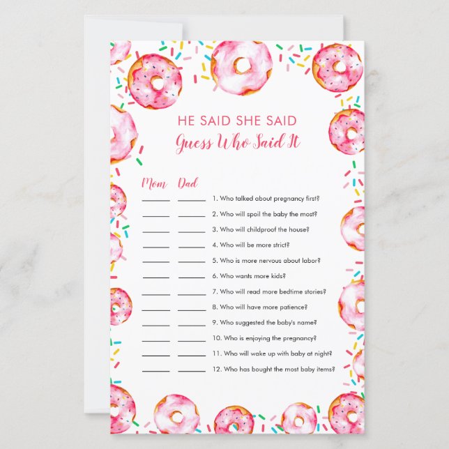 Guess who Said it Donuts Diapers Baby Shower Game (Voorkant)