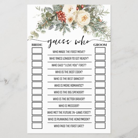 Guess Who Winter Floral Bridal Shower Game Card Flyer (Voorkant)