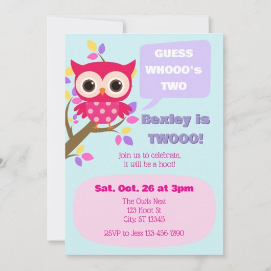 Guess Who's Two, Pink Owl 2nd Birthday Kaart (Voorkant)