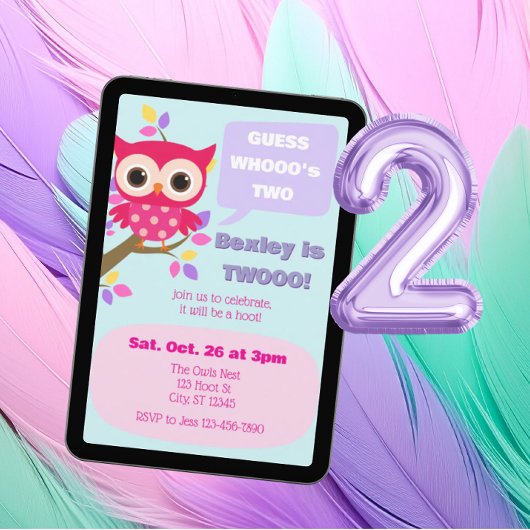 Guess Who's Two, Pink Owl 2nd Birthday Kaart