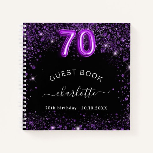 Guest book 70e verjaardag zwarte paarse glitter na notitieboek (Voorkant)