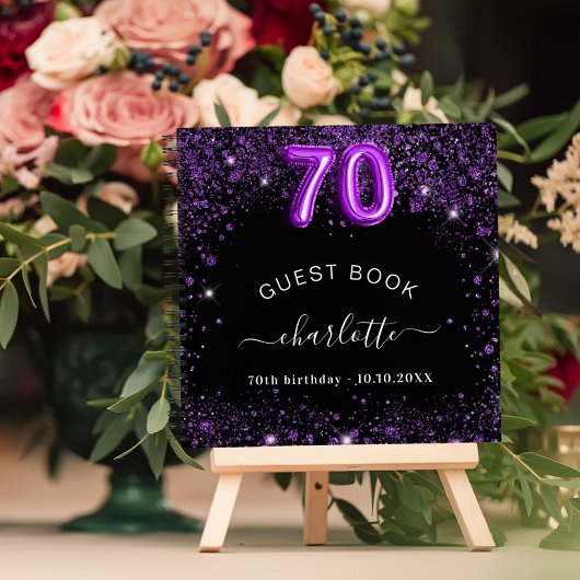 Guest book 70e verjaardag zwarte paarse glitter na notitieboek