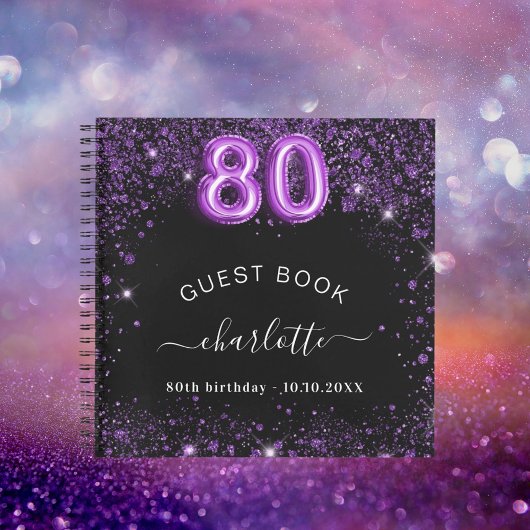 Guest book 80e verjaardag zwarte paarse glitter na notitieboek