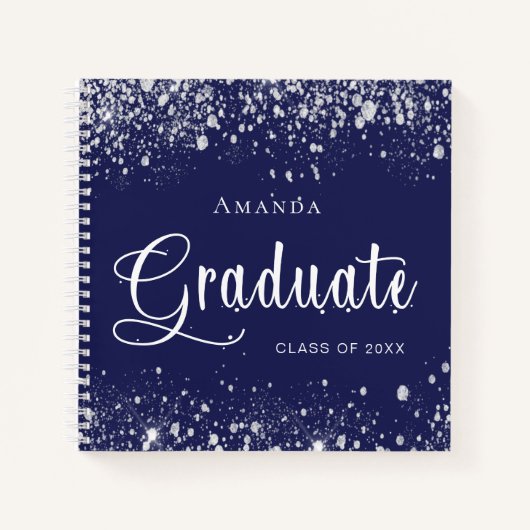 Guest book afstuderen navy blue zilver glitter notitieboek (Voorkant)