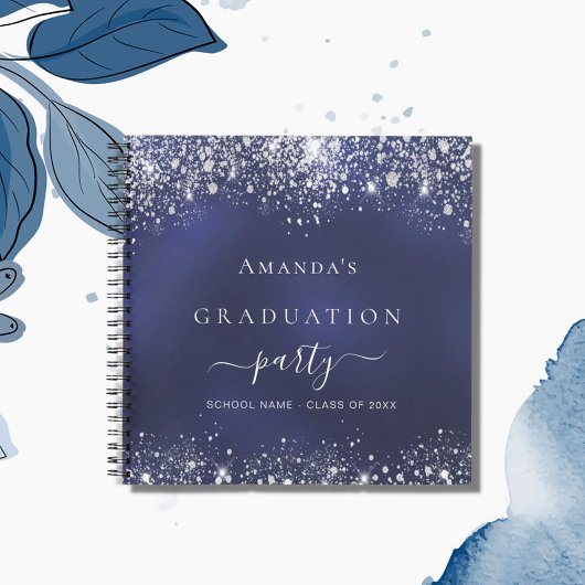 Guest book afstuderen navy blue zilver glitter notitieboek