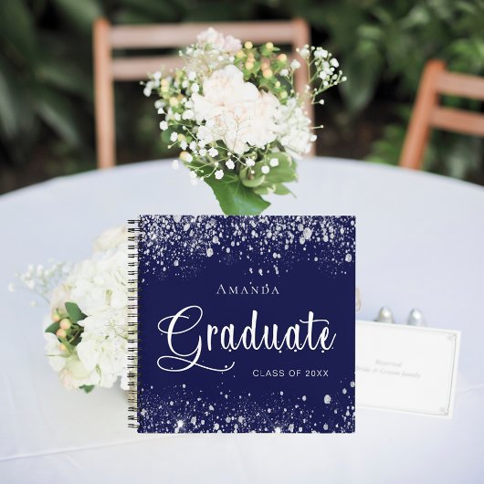 Guest book afstuderen navy blue zilver glitter notitieboek