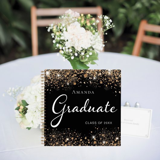 Guest book afstuderen zwarte goudglitter naam notitieboek