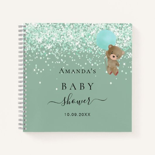 Guest book baby shower sage green teddybeer notitieboek (Voorkant)