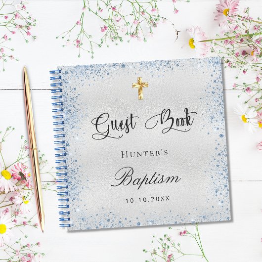 Guest book baptisme Silver Blue boy name Notitieboek