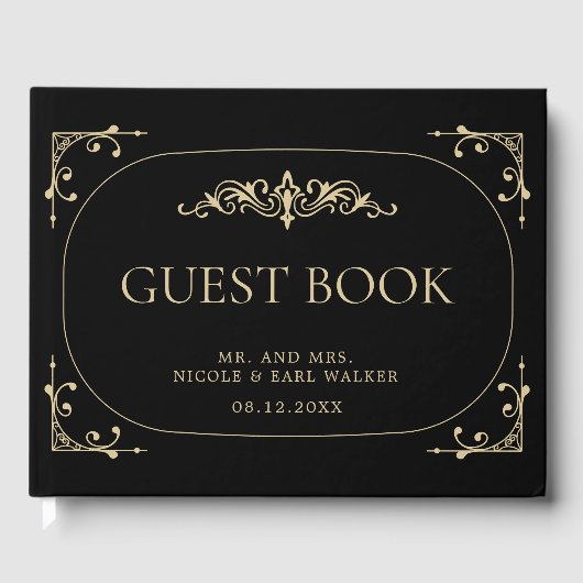 Guest Book Black Elegant Art Deco Gold Wedding Gastenboek (Voorkant)