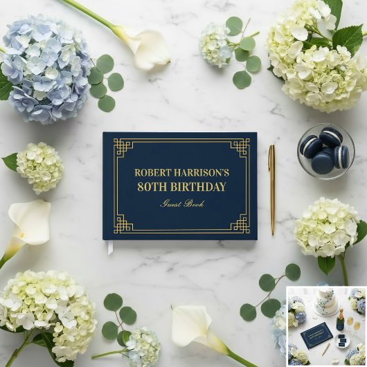 Guest Book Chic Navy Gold 80th Birthday Gastenboek