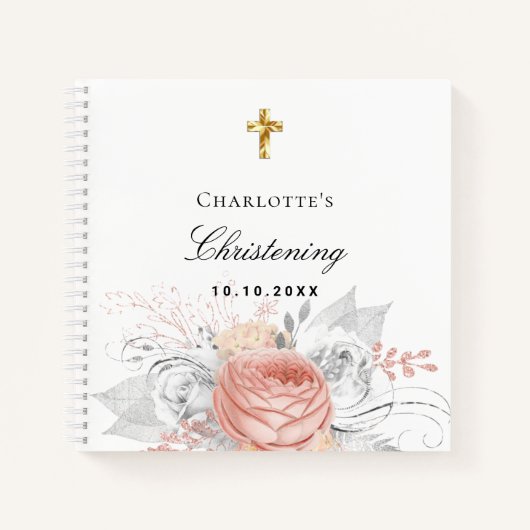 Guest book christening roos gold florals Silver Notitieboek (Voorkant)