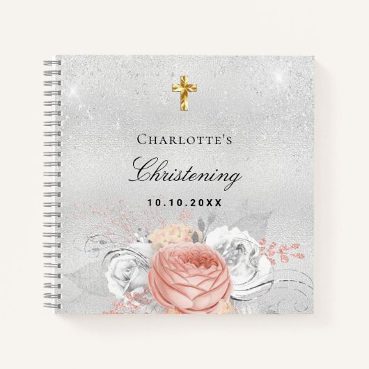 Guest book christening roos gold florals Silver Notitieboek (Voorkant)