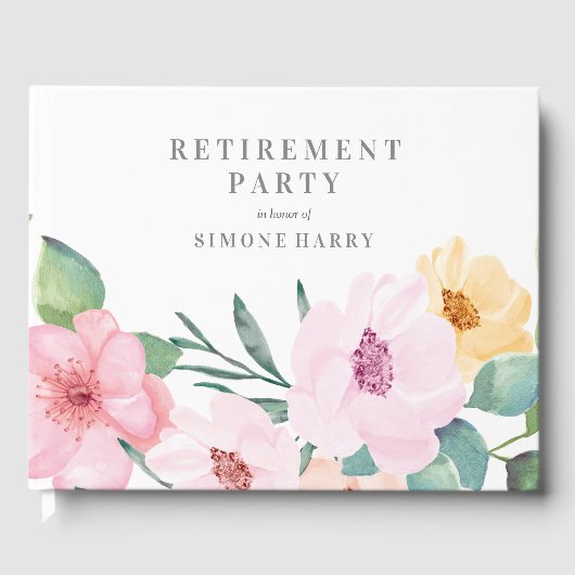 Guest Book Elegant Pink Floral Retirement Party Gastenboek (Voorkant)