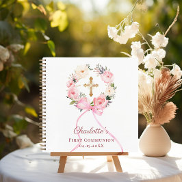 Guest book First Communion floral wreath pink bow Notitieboek