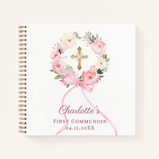 Guest book First Communion floral wreath pink bow Notitieboek (Voorkant)