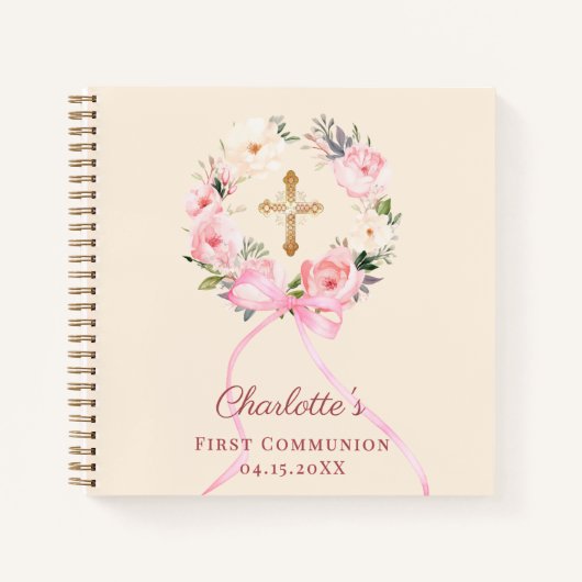Guest book First Communion ivory blush bow floral Notitieboek (Voorkant)