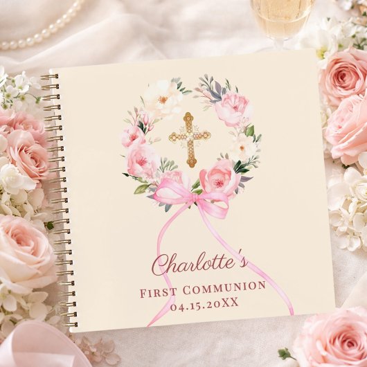 Guest book First Communion ivory blush bow floral Notitieboek