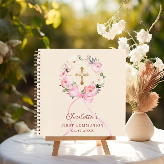 Guest book First Communion ivory blush bow floral Notitieboek