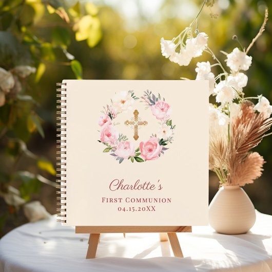 Guest book First Communion ivory blush pink floral Notitieboek