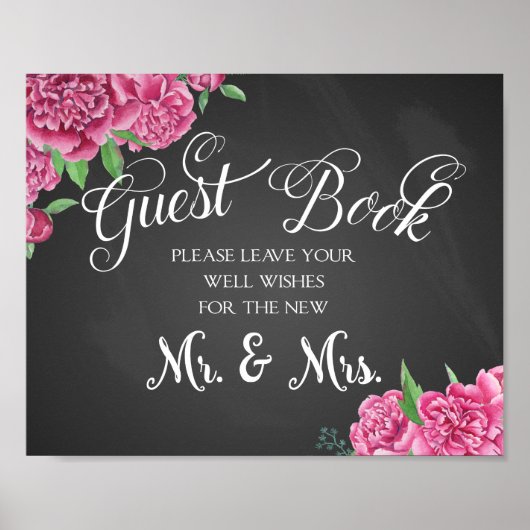 Guest book floral bruiloft print pony roos sign (Voorkant)