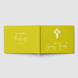 Guest Book Floral Cross Christening Yellow Gastenboek