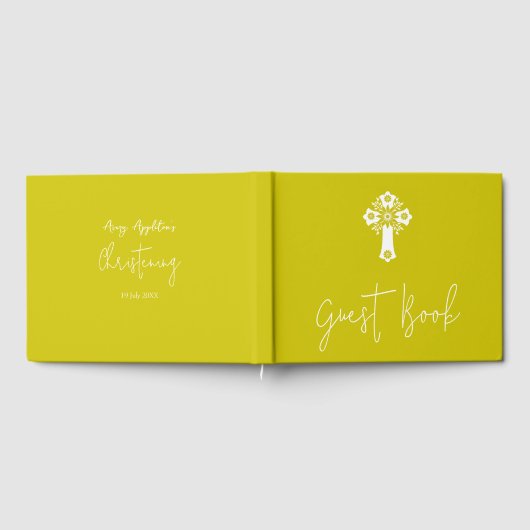 Guest Book Floral Cross Christening Yellow Gastenboek (Volledig)