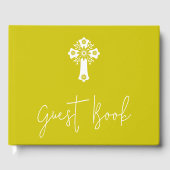 Guest Book Floral Cross Christening Yellow Gastenboek (Voorkant)