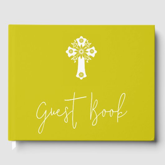 Guest Book Floral Cross Christening Yellow Gastenboek (Voorkant)
