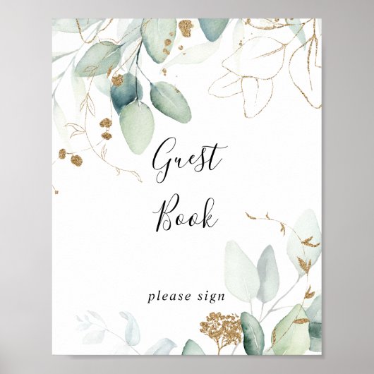 Guest Book Gold Eucalyptus Calligraphy Sign Poster (Voorkant)