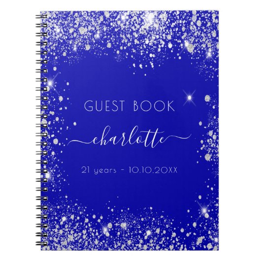 Guest book jarig koninklijk blauw zilverglitter notitieboek (Voorkant)