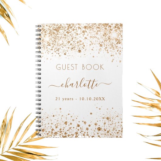 Guest book jarig white gold glitter name script notitieboek
