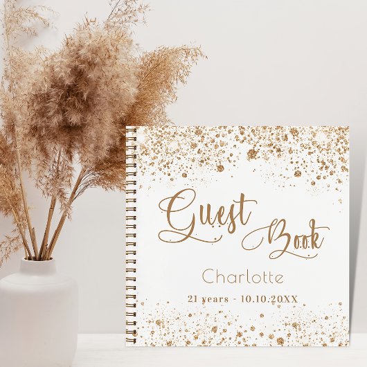 Guest book jarig white gold glitter name script notitieboek