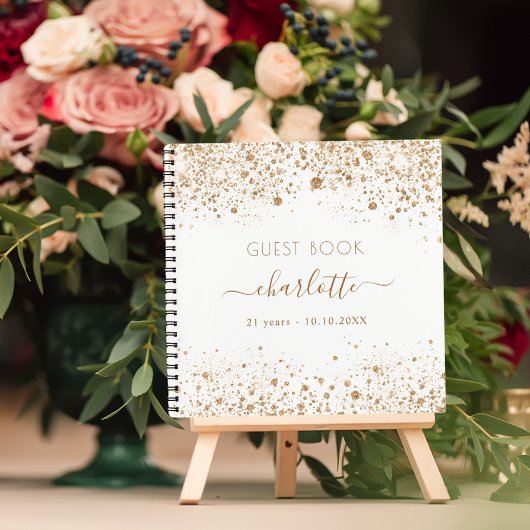 Guest book jarig white gold glitter name script notitieboek