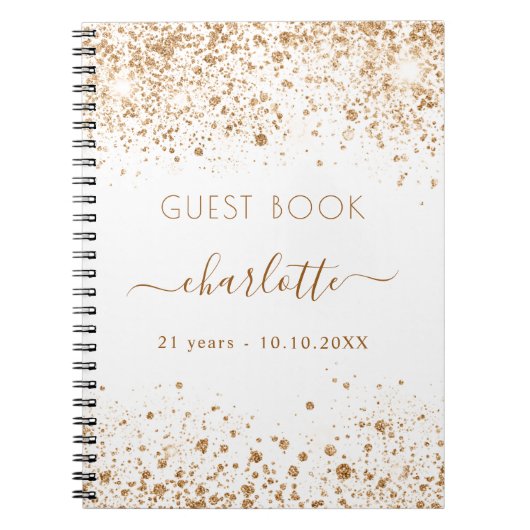Guest book jarig white gold glitter name script notitieboek (Voorkant)