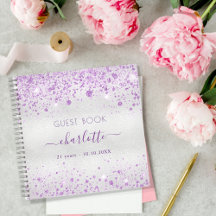 Guest book jarig zilveren paarse glitter monogram