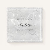 Guest book jarig zilveren vlinderglitter notitieboek (Voorkant)